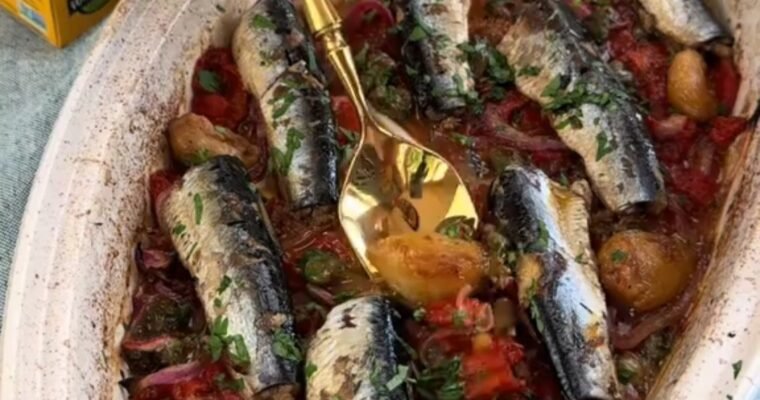 Baked Sardines (with White Wine Sauce, Roasted Veggies & Garlic Confit)