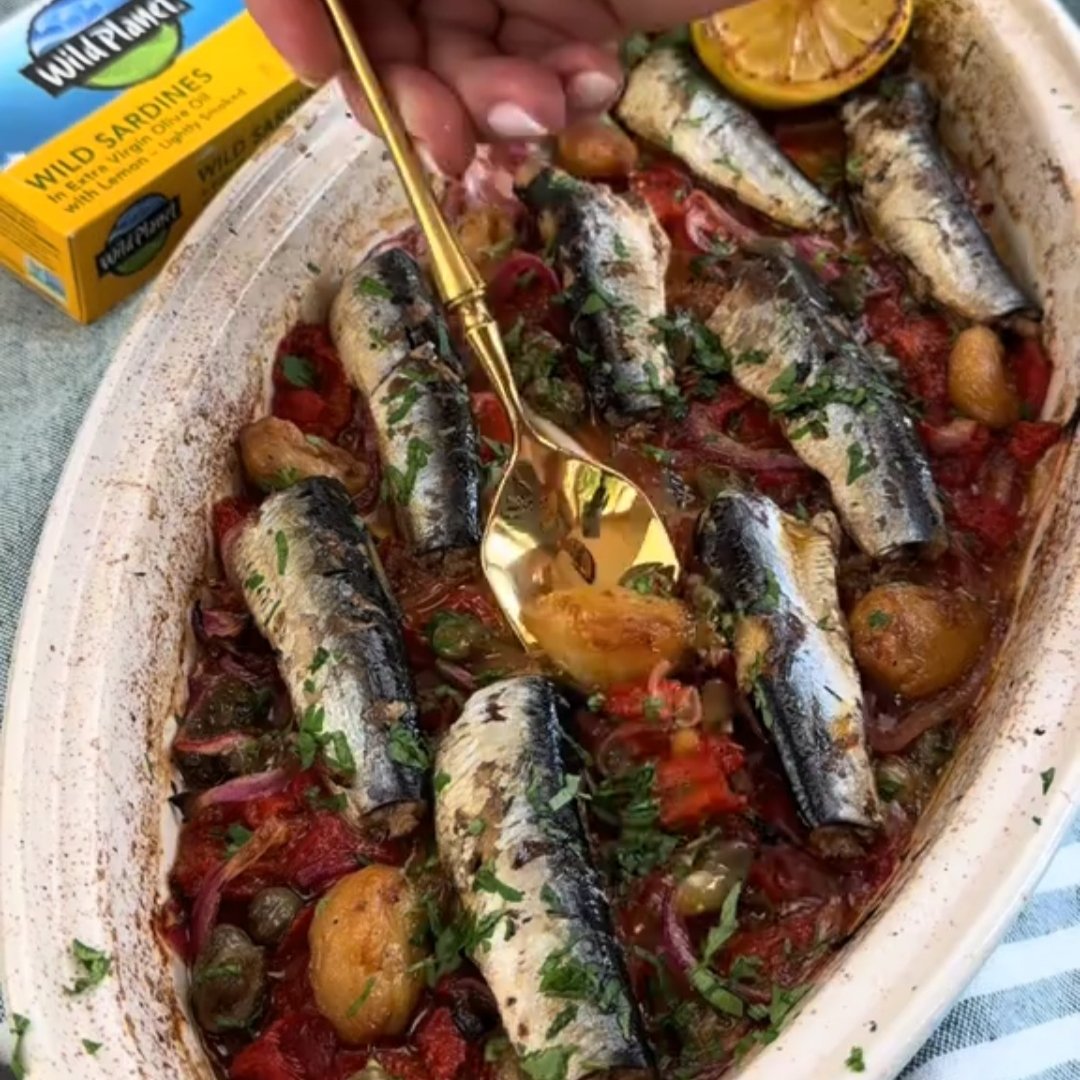 Baked Sardines (with White Wine Sauce, Roasted Veggies & Garlic Confit)